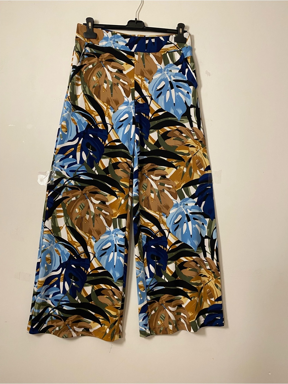 Wide Leg Tropical Print Pants - Blue & Brown